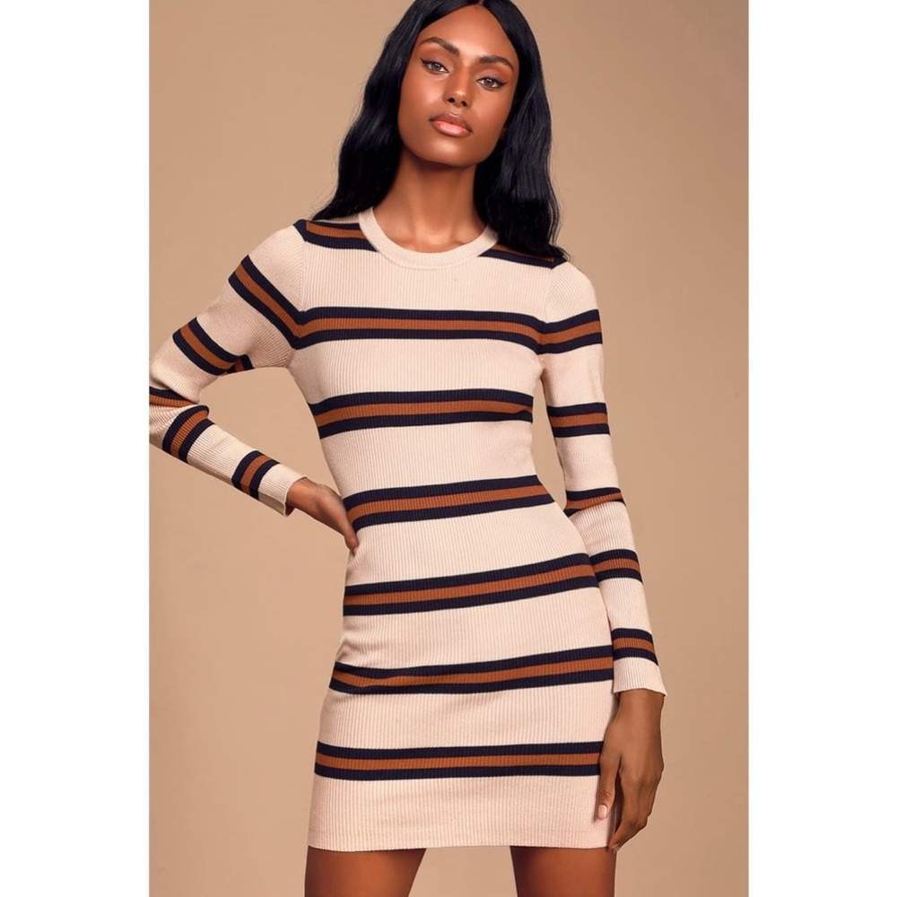 Lulu's First In Line Blush Pink Striped Ribbed Bodycon Sweater Dress, Si…